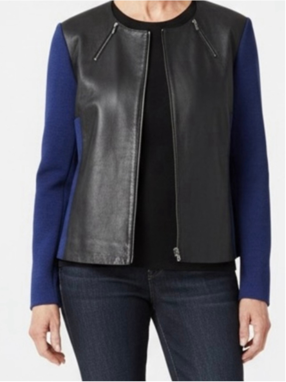 ST. JOHN LEATHER MILANO KNIT JACKET SIZE 16 COLOUR BLACK CAVIAR VIVID DENIM